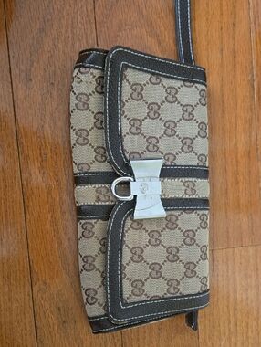 Brown Gucci Monogram Crossbody Clutch with Silver Hardware